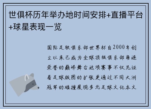 世俱杯历年举办地时间安排+直播平台+球星表现一览
