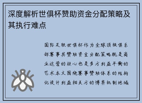 深度解析世俱杯赞助资金分配策略及其执行难点
